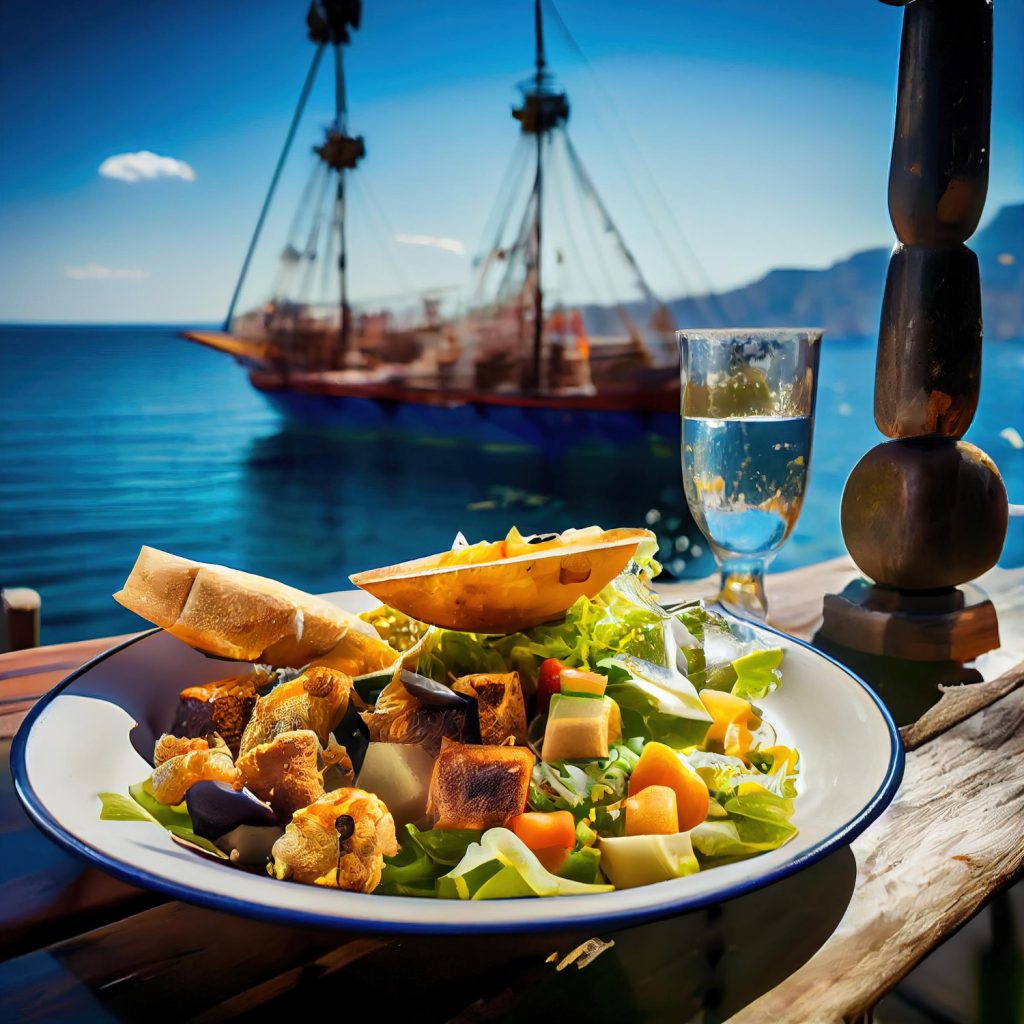 surtido platos griegos mar cielo soleado como telon fondo
